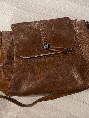 Myra Bag Brown Floral Tooled Leather Shoulder Bag with Haircalf Flap